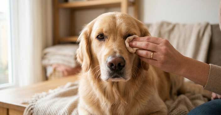 Owner gently cleaning dog eye discharge with warm damp cloth