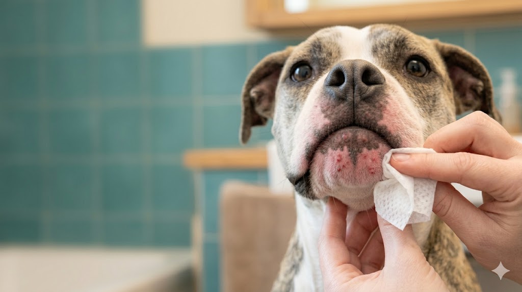 Hand applying pet-safe wipe to dog chin for acne treatment