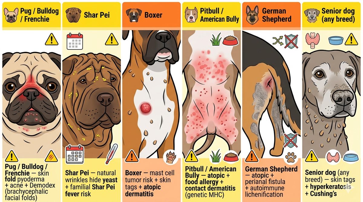 Dog skin problems by breed matrix 6 breed groups pug shar pei boxer pitbull german shepherd senior comparison