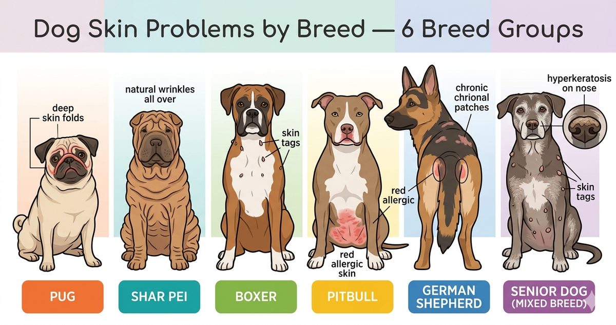 Dog skin problems by breed cover illustration showing 6 breed groups pug pitbull boxer shar pei shepherd senior