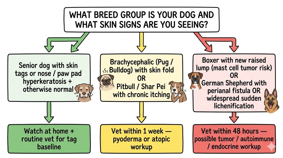 Dog skin problems by breed vet decision framework showing green watch yellow week red 48h emergency by breed