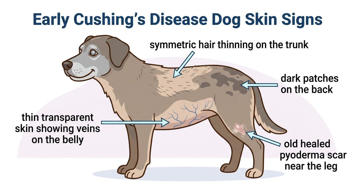 Early stage cushing's disease in dogs skin lesions cover showing older dog with symmetric alopecia thin skin hyperpigmentation