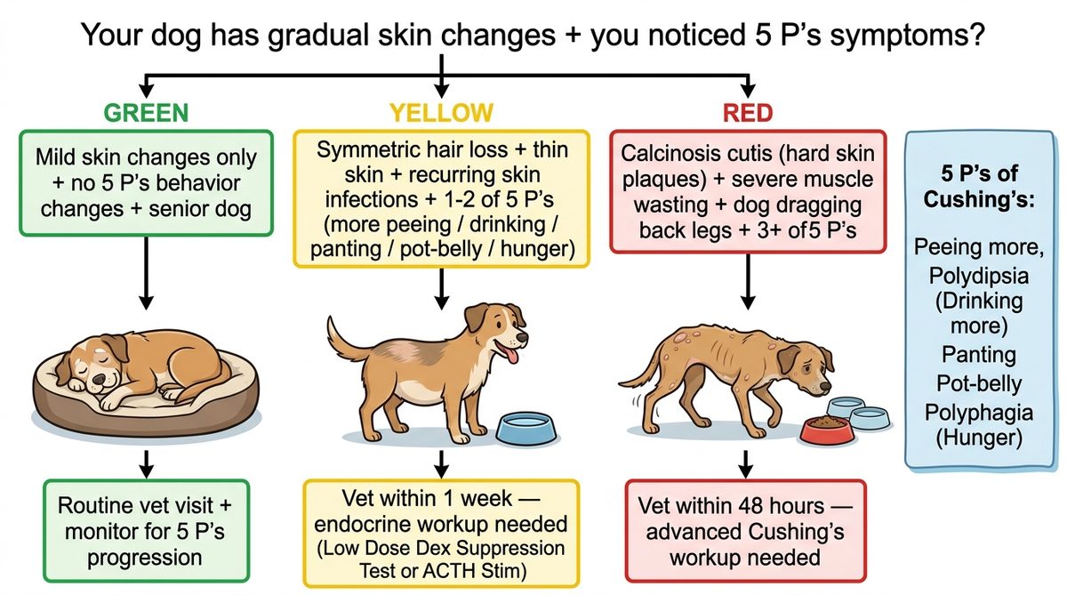Cushing's disease in dogs symptoms vet decision tree showing green watch yellow week red 48h plus 5 P's reminder