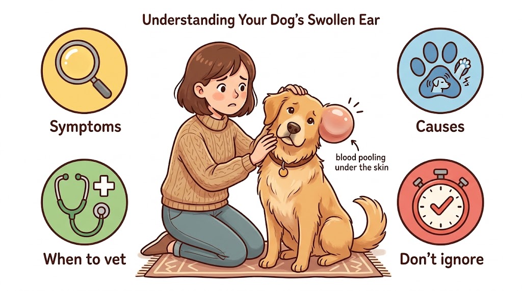 Dog ear hematoma hero — swollen balloon-like ear flap visible diagnostic sign + 4 cause icons
