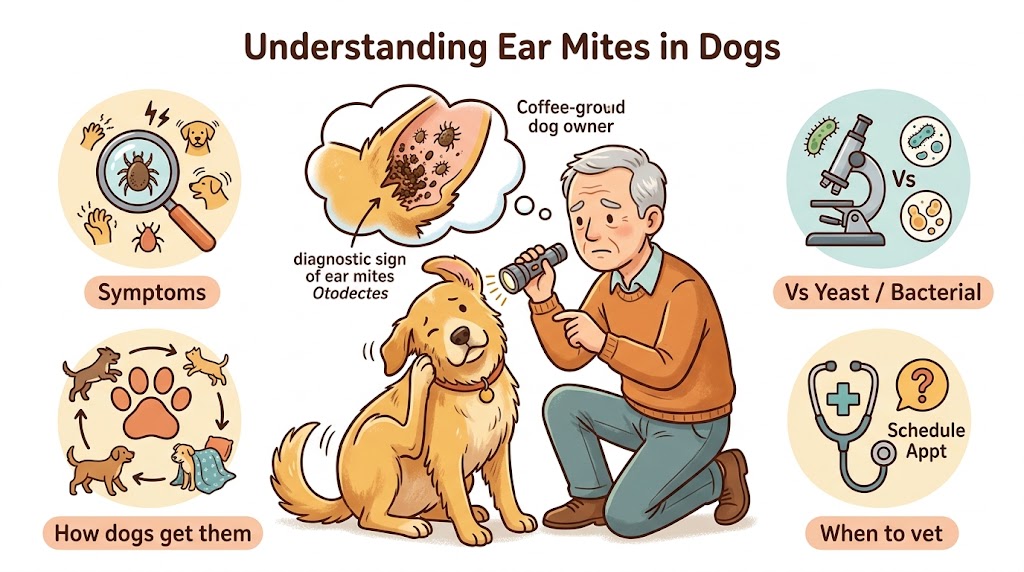 Ear mites in dogs hero — worried owner checking dog ear with coffee-ground debris diagnostic sign + 4 cause icons