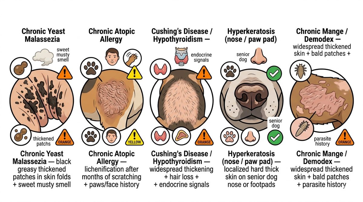 Elephant skin on dogs 5 causes matrix yeast atopic Cushings hyperkeratosis mange comparison chart