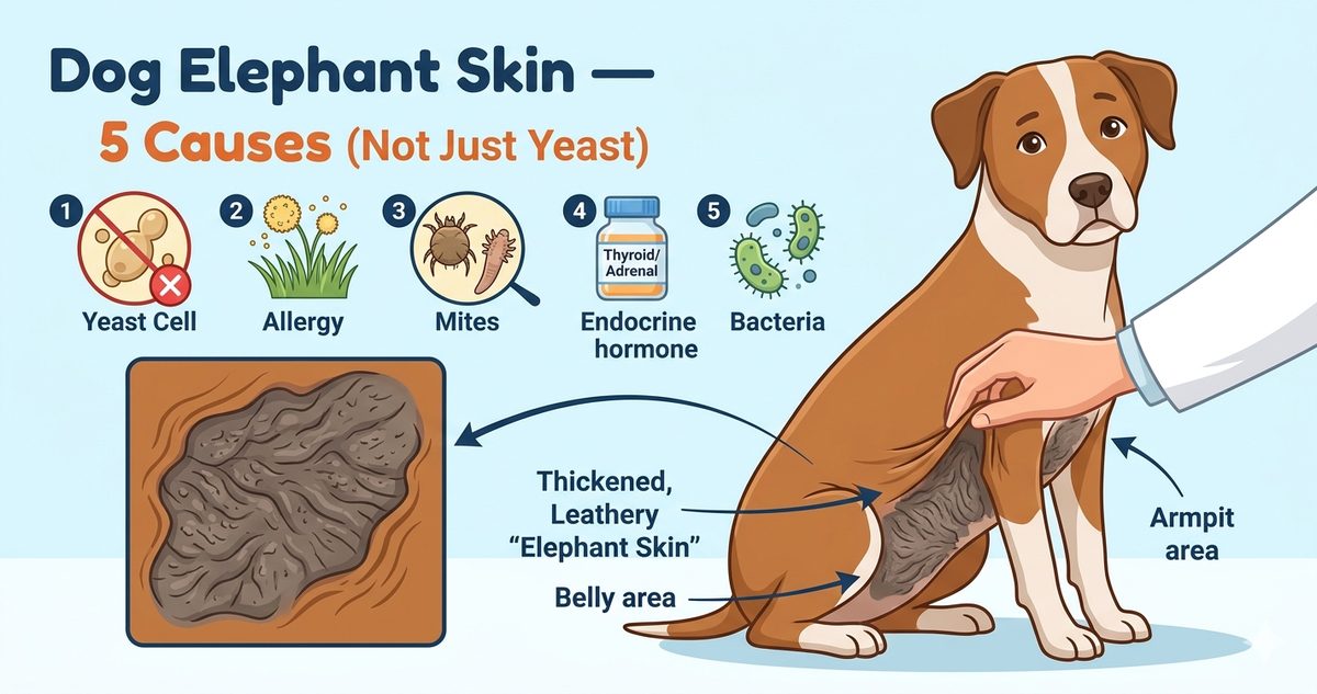 Elephant skin on dogs cover illustration showing thickened darkened lichenification on belly area