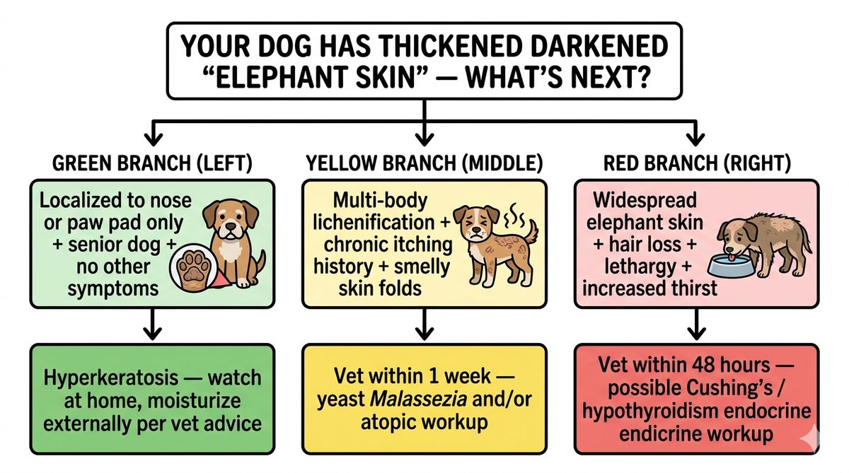 Elephant skin on dogs vet decision tree showing green watch yellow week red 48h endocrine workup