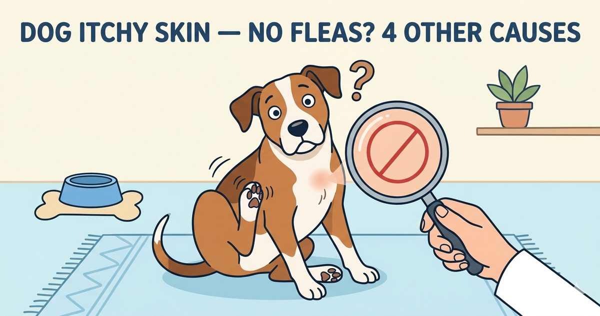 Dog itchy skin no fleas cover illustration showing scratching dog with magnifying glass examining skin