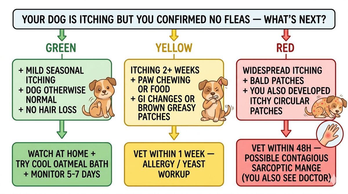 Dog itchy skin no fleas vet decision tree showing green watch yellow vet 1 week red 48h emergency