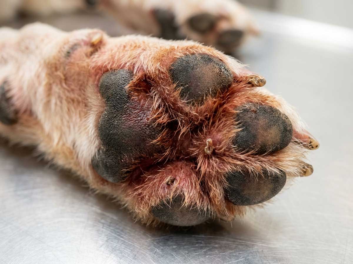 Dog paw with brown yeast staining between the toes