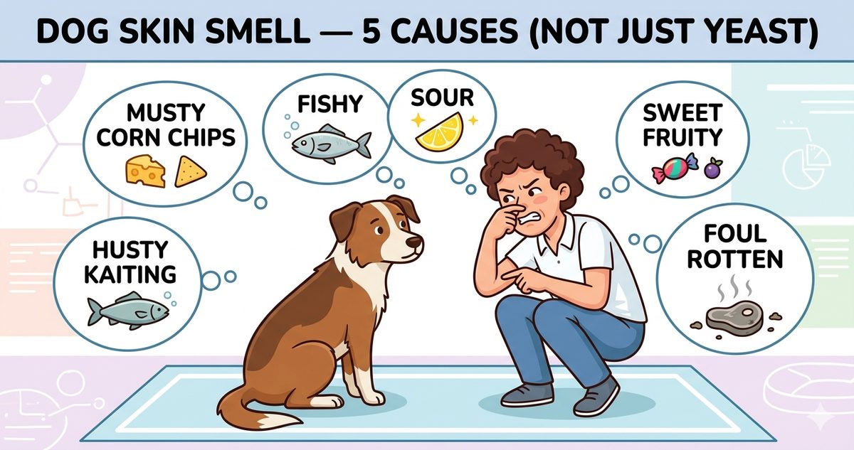 Dog skin smell 5 causes cover showing dog being sniffed with 5 smell type labels musty fishy sour fruity foul