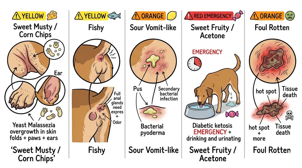 Dog skin smell 5 causes matrix musty yeasty fishy sour fruity foul comparison chart