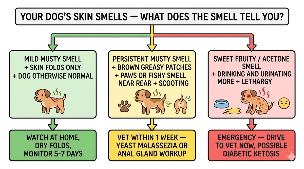 Dog skin smell vet decision tree showing green watch yellow week orange 48h red emergency by smell type