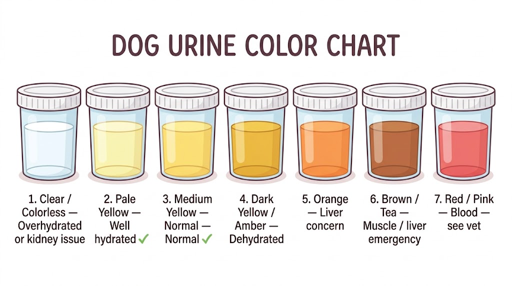 Dog urine color chart showing 7 sample cups from clear to red — Clear, Pale Yellow (healthy), Medium Yellow (healthy), Dark Yellow/Amber (dehydrated), Orange (liver concern), Brown/Tea (emergency), Red/Pink (blood)