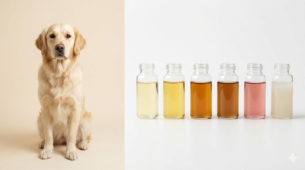 Female Golden Retriever beside a row of six glass sample bottles showing pale yellow, medium yellow, amber, brown, pink, and cloudy urine shades