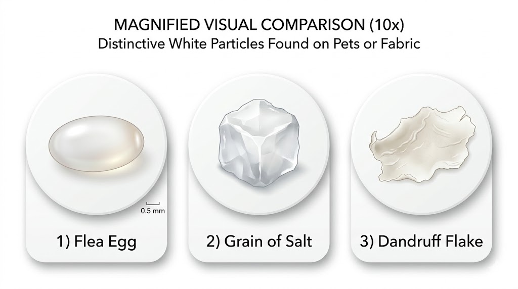 Magnified visual comparison at 10x showing flea egg (0.5 mm pearly-white oval) next to grain of salt and dandruff flake