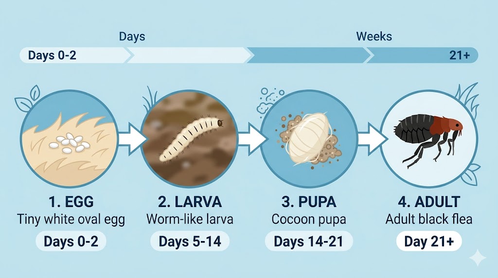 Flat illustration showing flea lifecycle 4 stages timeline: egg (days 0-2), larva (days 5-14), pupa (days 14-21), adult (day 21+)