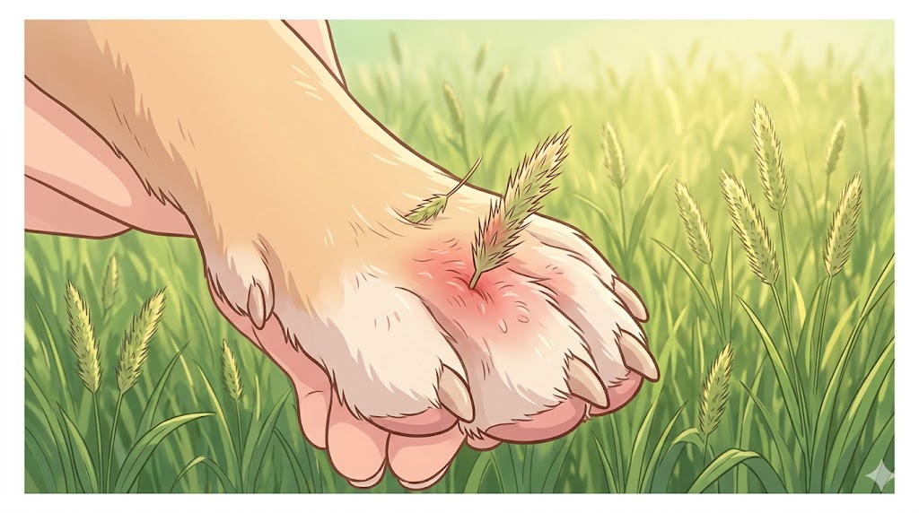 Foxtail in dog paw — barbed grass awn embedded between toes with surrounding red inflamed skin