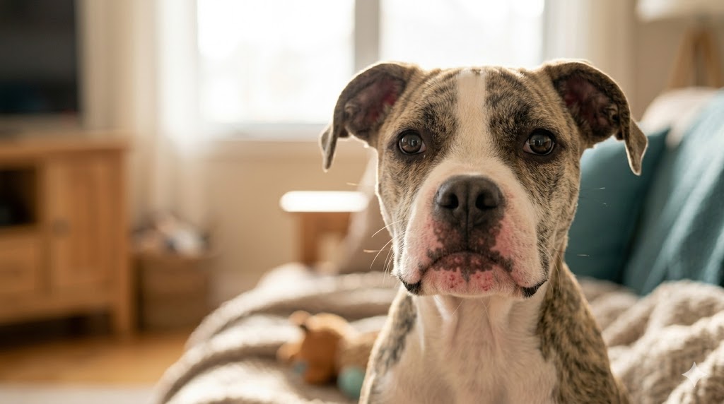 Young puppy with pimples on chin during adolescent puppy acne phase