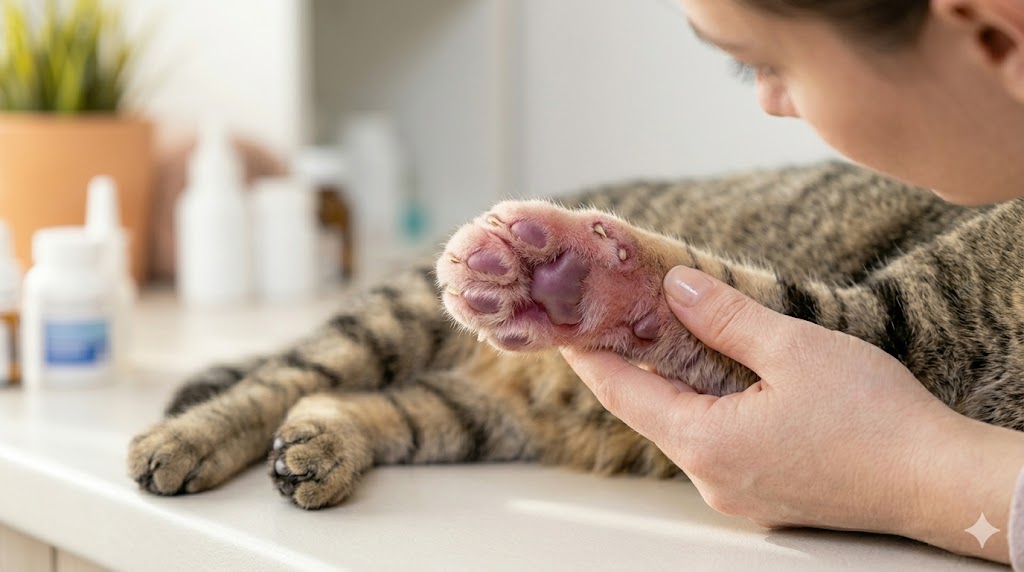 Close-up of a swollen cat paw showing enlarged toes and redness