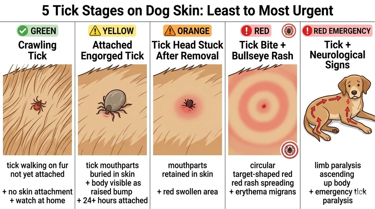 Tick on dog skin 5 stages matrix crawling attached engorged head stuck Lyme rash paralysis comparison