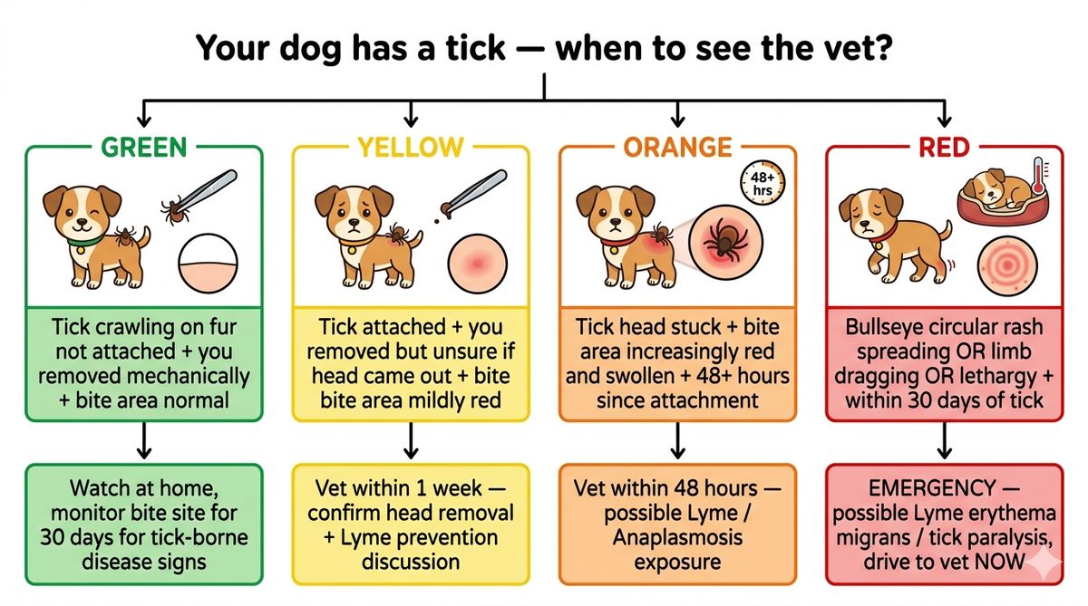 Tick on dog skin vet decision tree showing green watch yellow week orange 48h red emergency with Lyme paralysis warnings