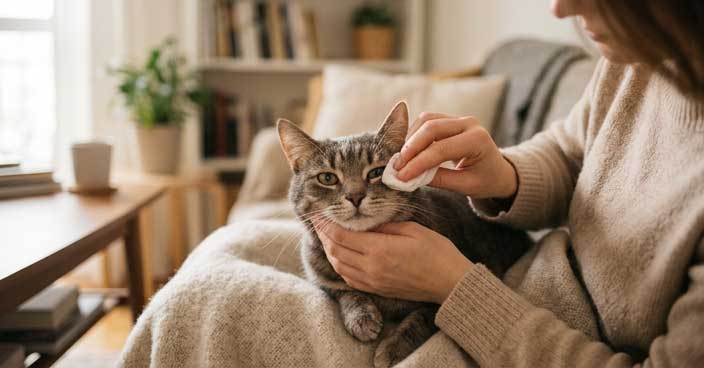 Cat owner gently cleaning cat eye at home with pet-safe solution