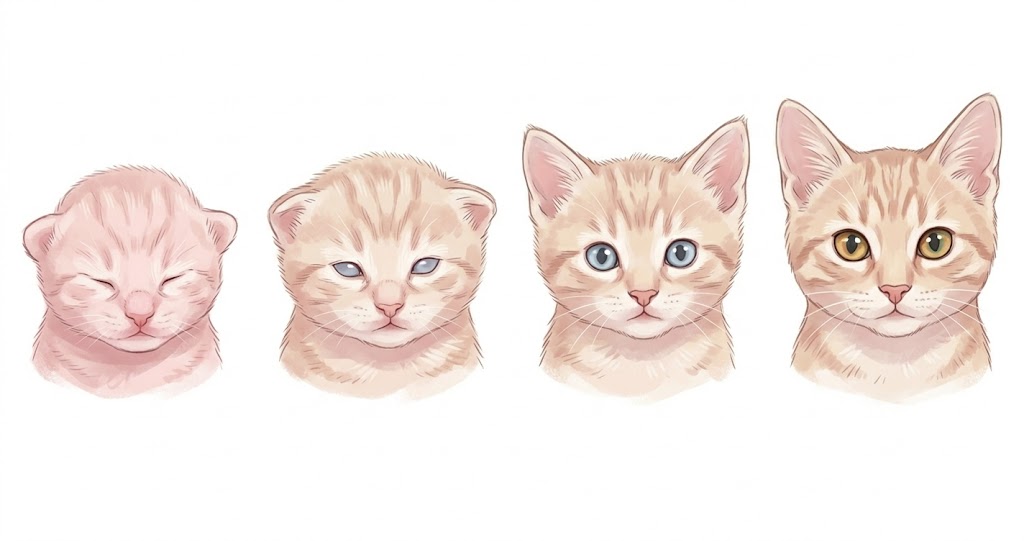 Cartoon 4-stage kitten eye color development timeline — when do cats open their eyes blue to adult amber