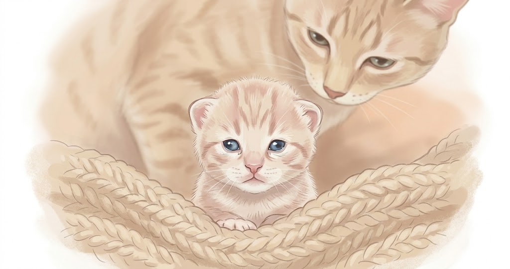 Cartoon 2-week-old kitten just opening blue eyes for first time with mother cat watching — when do cats open their eyes