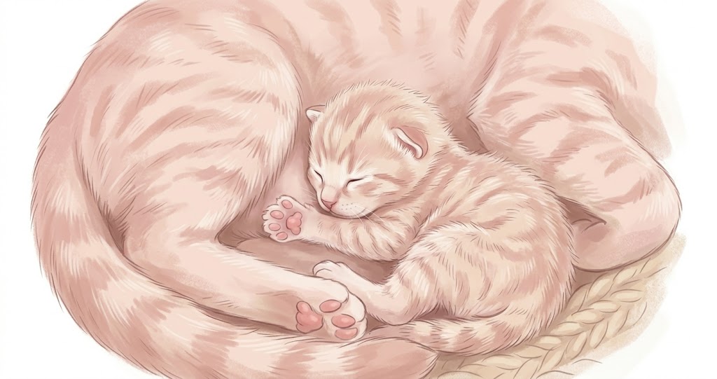 Cartoon newborn kitten curled sleeping with eyes sealed shut — when do cats open their eyes first week