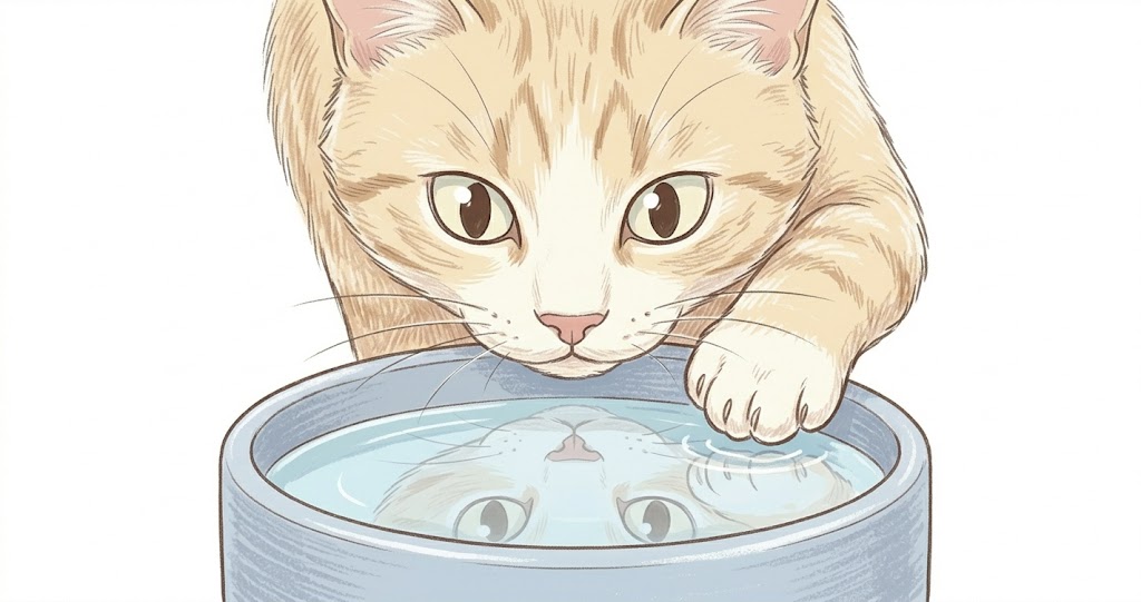 Cat checking water surface depth with paw — why cats put paws in water bowl depth perception explained