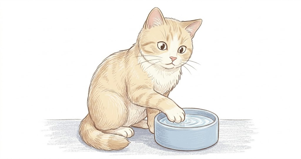 Cartoon cat sitting beside water bowl dipping one paw into water — why does my cat put her paws in water bowl