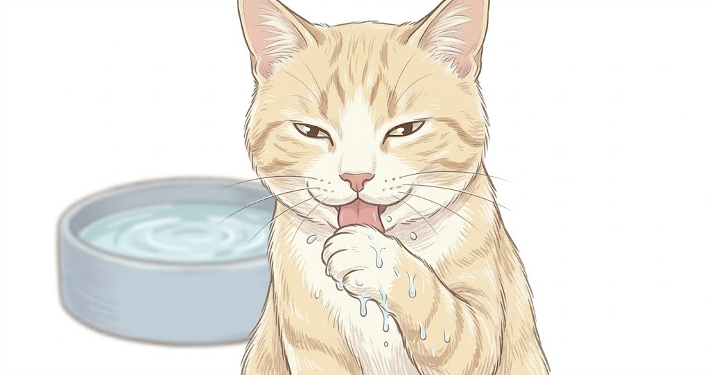 Cat licking wet paw after dipping in bowl — why cats put paws in water and then lick the paw
