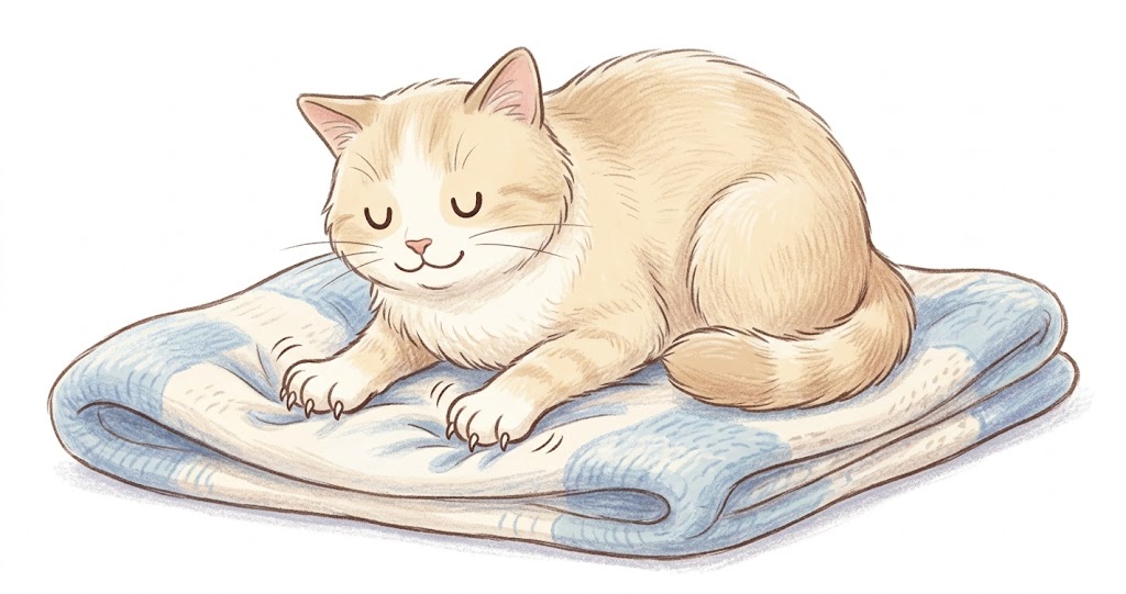 Cartoon illustration of a cat in the kneading posture pushing paws on a folded blanket — why do cats push with their paws explained