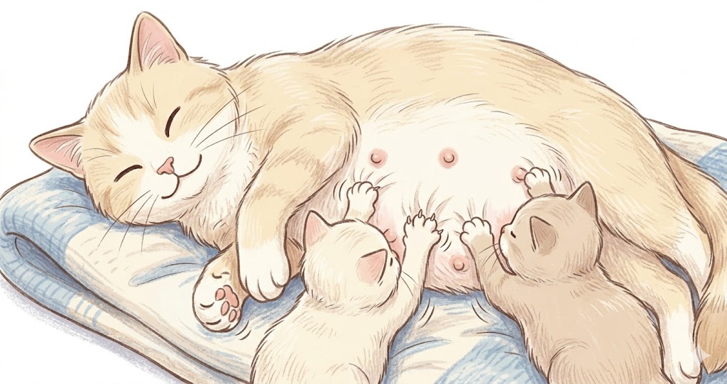 Two kittens kneading mother cat's belly while nursing — origin of why do cats push with their paws