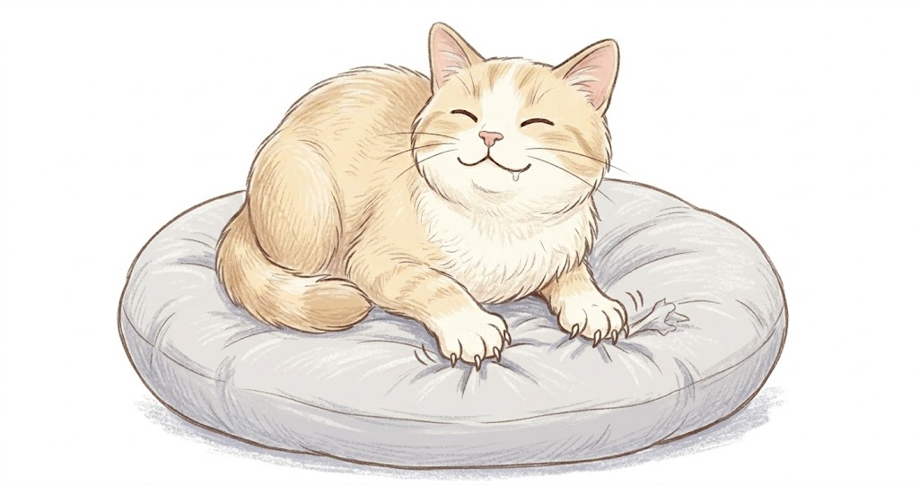 Cat kneading on soft cushion before settling — bedding-preparation instinct behind why do cats knead paws