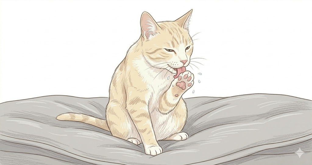 Cartoon cat sitting on cushion licking front paw in classic grooming pose — why do cats lick their paws