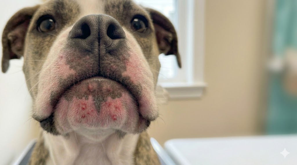 Dog with red pimples and bumps on chin and lower lip