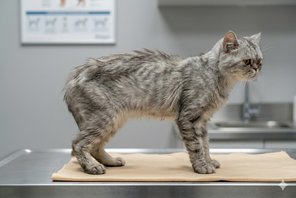 Cat with BCS 3 underweight showing visible ribs and pronounced waist definition