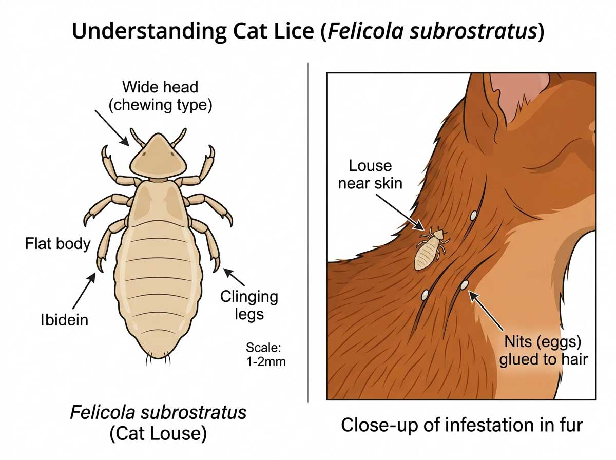Cat lice on fur showing small flat pale insect close to skin