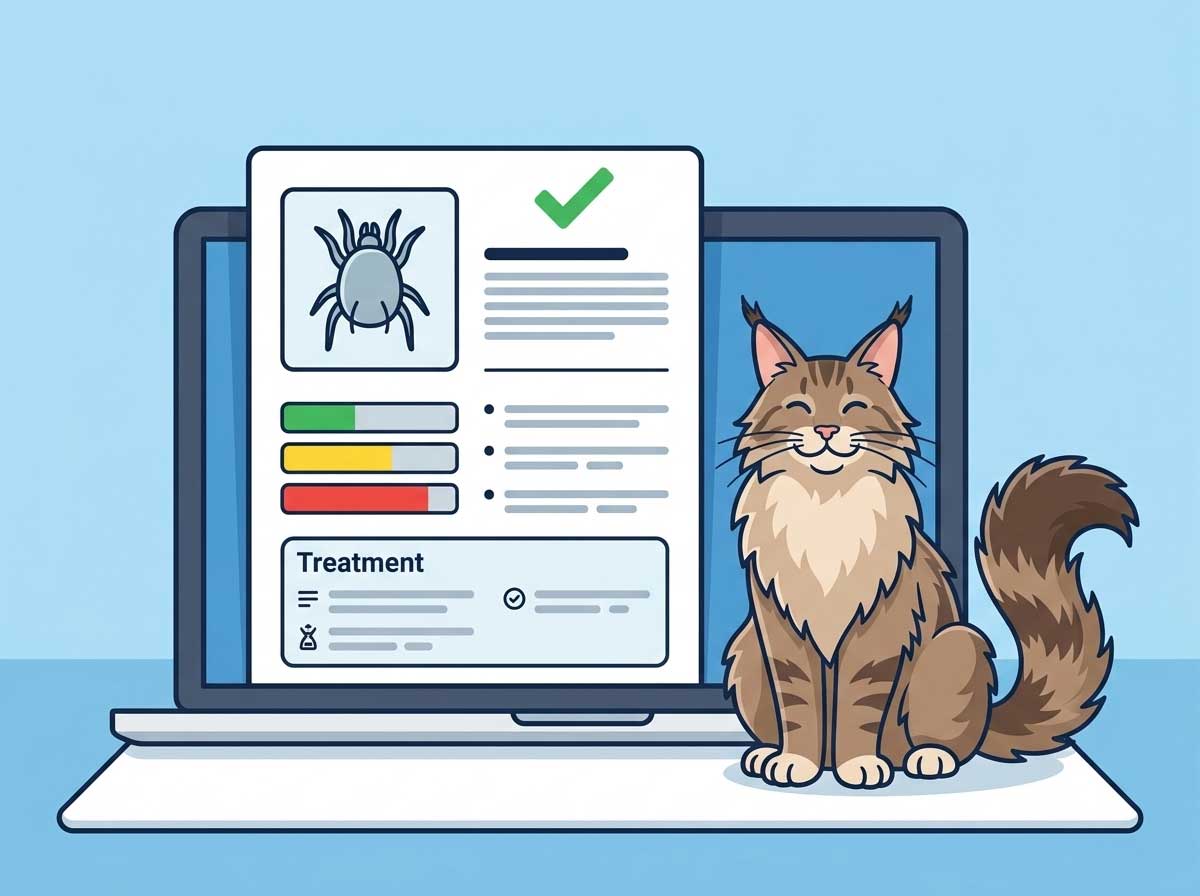 Detailed AI report identifying the bug on cat with general care guidance