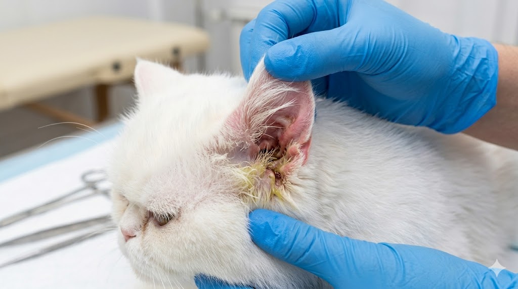 Cat ear infection showing redness and discharge in ear canal