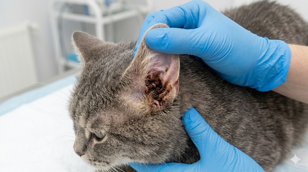 Cat ear discharge showing abnormal buildup inside ear