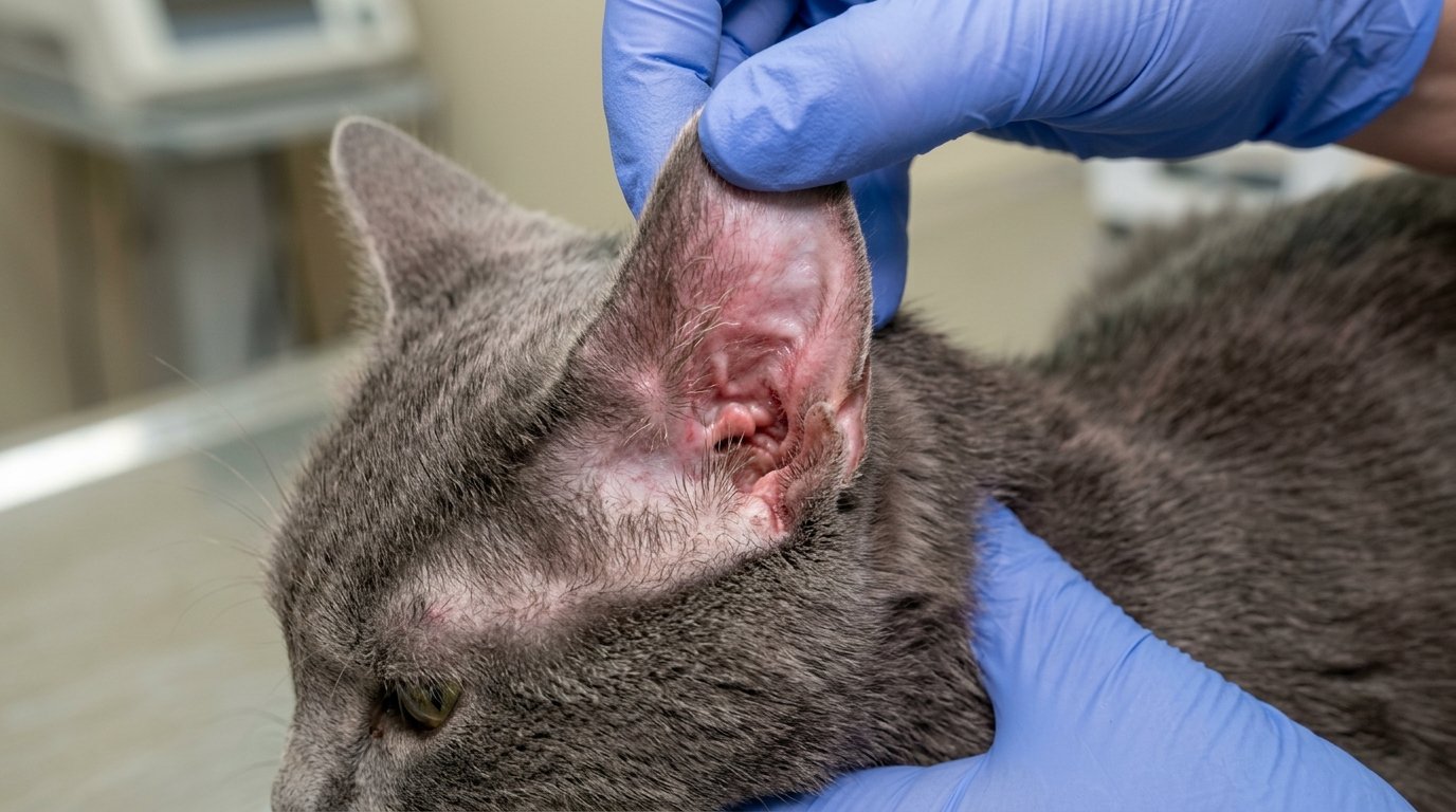 Red inflamed inside of cat ear showing irritation