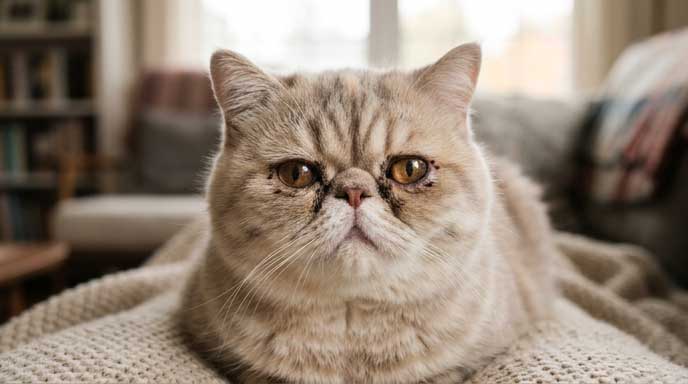 Persian cat with black crust around eyes from accumulated porphyrin