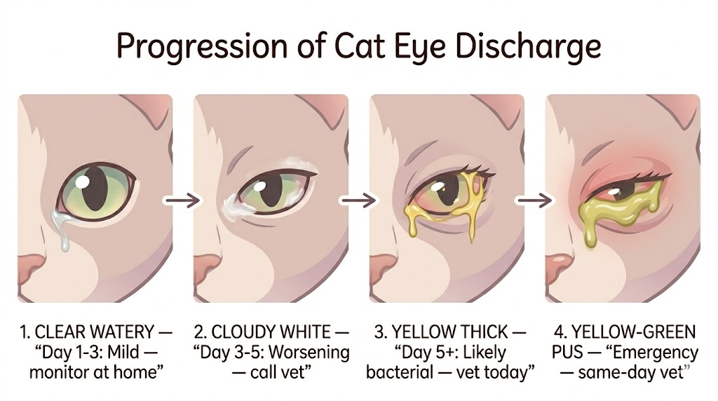 Cat eye discharge color progression chart — clear watery, cloudy white, yellow thick, yellow-green pus — with vet urgency labels