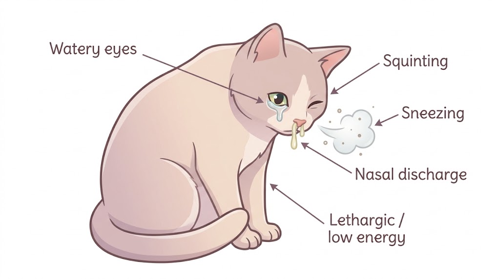 Cartoon cat with feline URI symptoms — watery eyes, sneezing, nasal discharge, squinting, lethargic posture all labeled