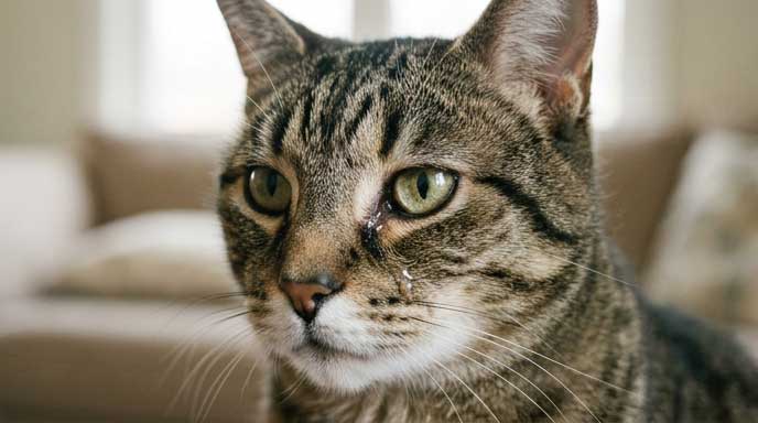 Cat with watery eyes and sneezing showing upper respiratory infection signs