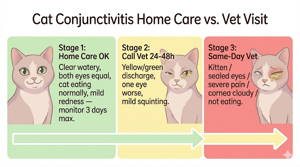 Cat conjunctivitis decision chart — home care vs call vet 24-48h vs same-day vet by severity level